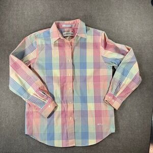 Orvis Womens Rainbow Gingham Plaid Button Down Shirt Wrinkle Free Small 402052